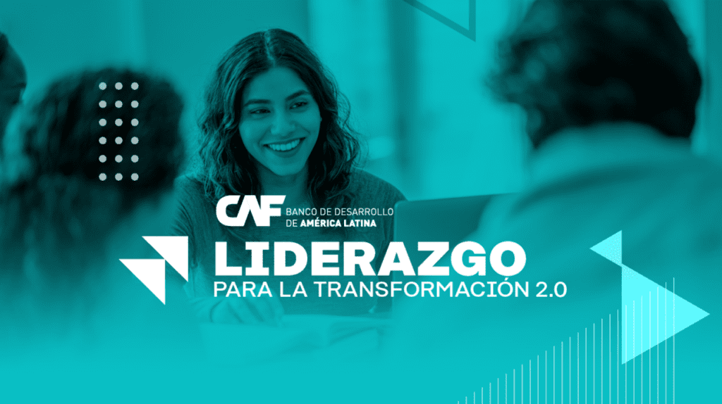 Mujer sonríe y logo CAF y fellowship Liderazgo para la transformación 2.0